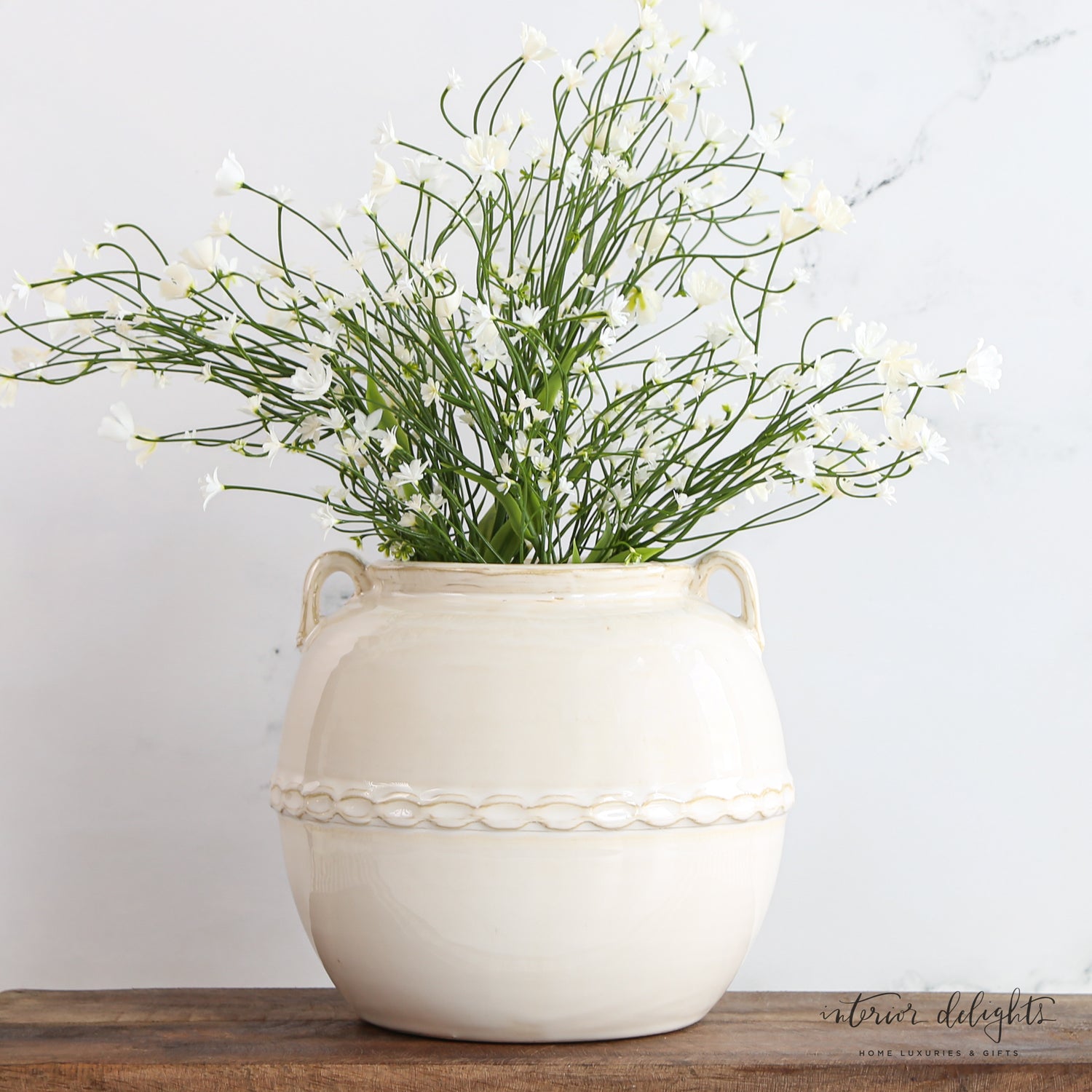 White Ceramic Scalloped Detail Vase with Two Handles