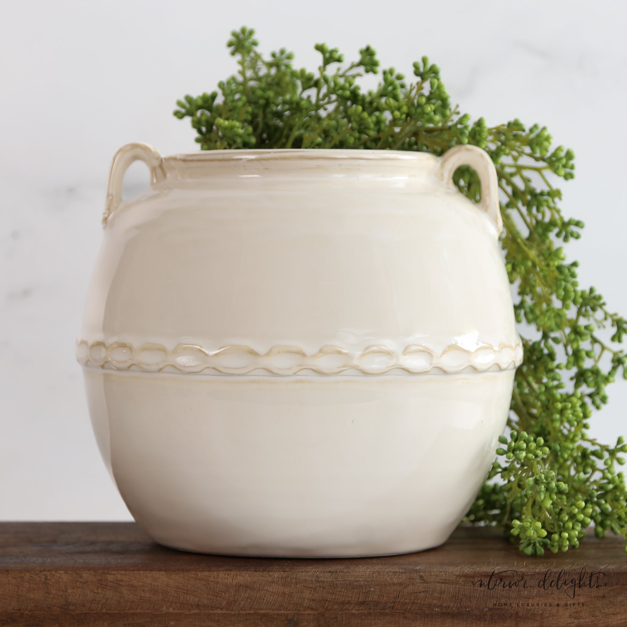 White Ceramic Scalloped Detail Vase with Two Handles