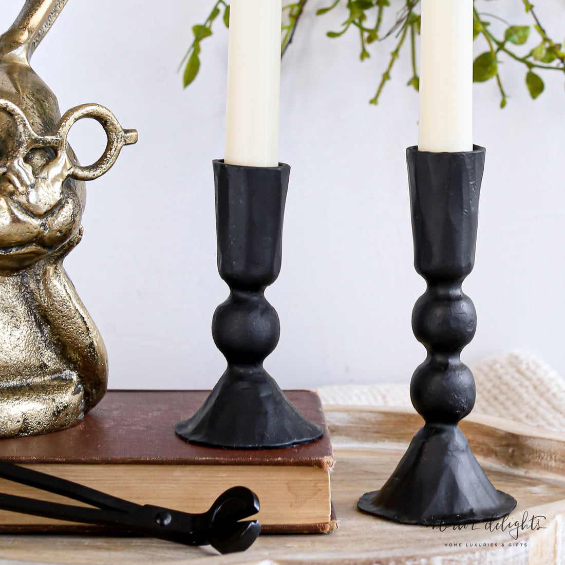 Hammered Black Short Candle Holders- Set of 2