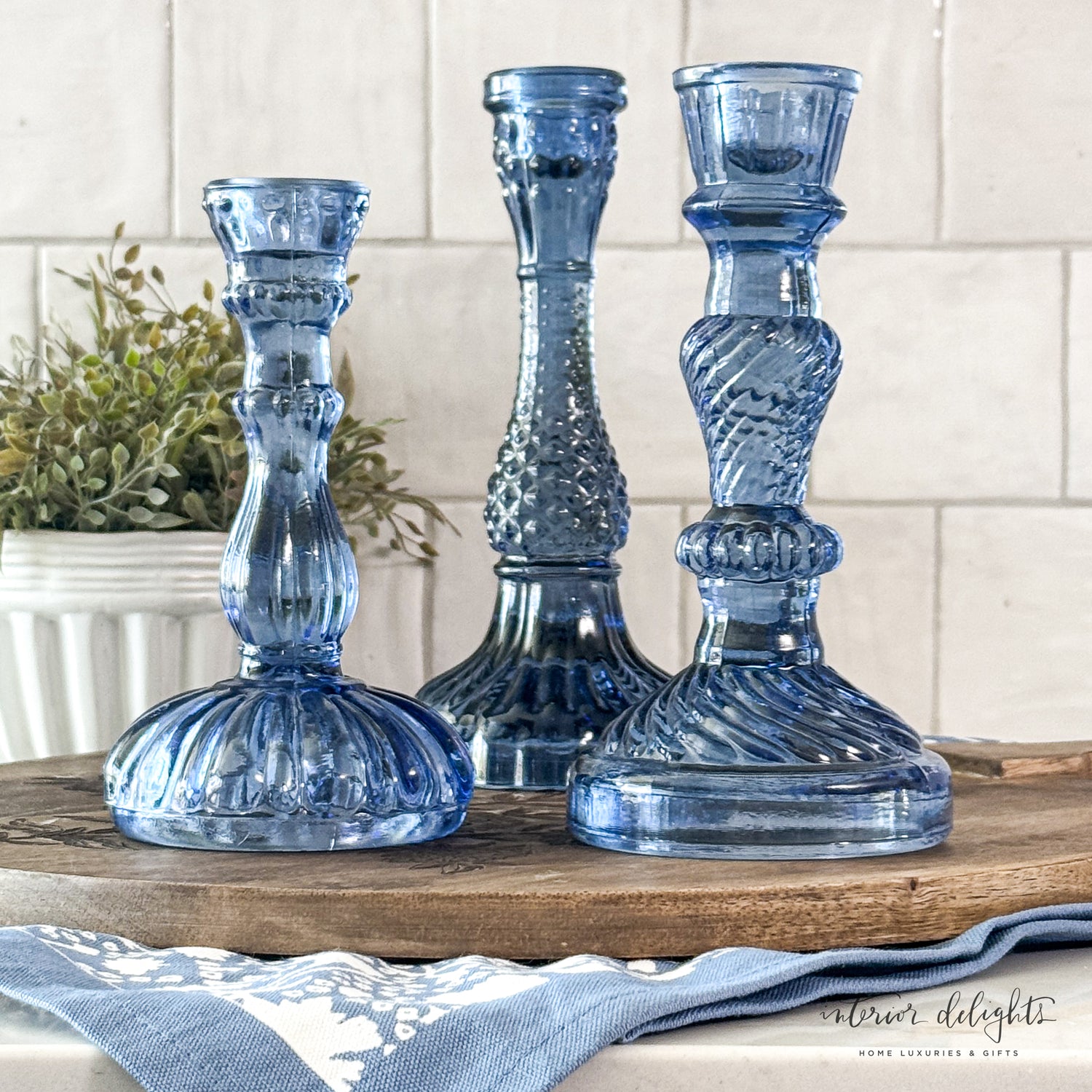 Vintage Blue Glass Candle Holders- Set of 3