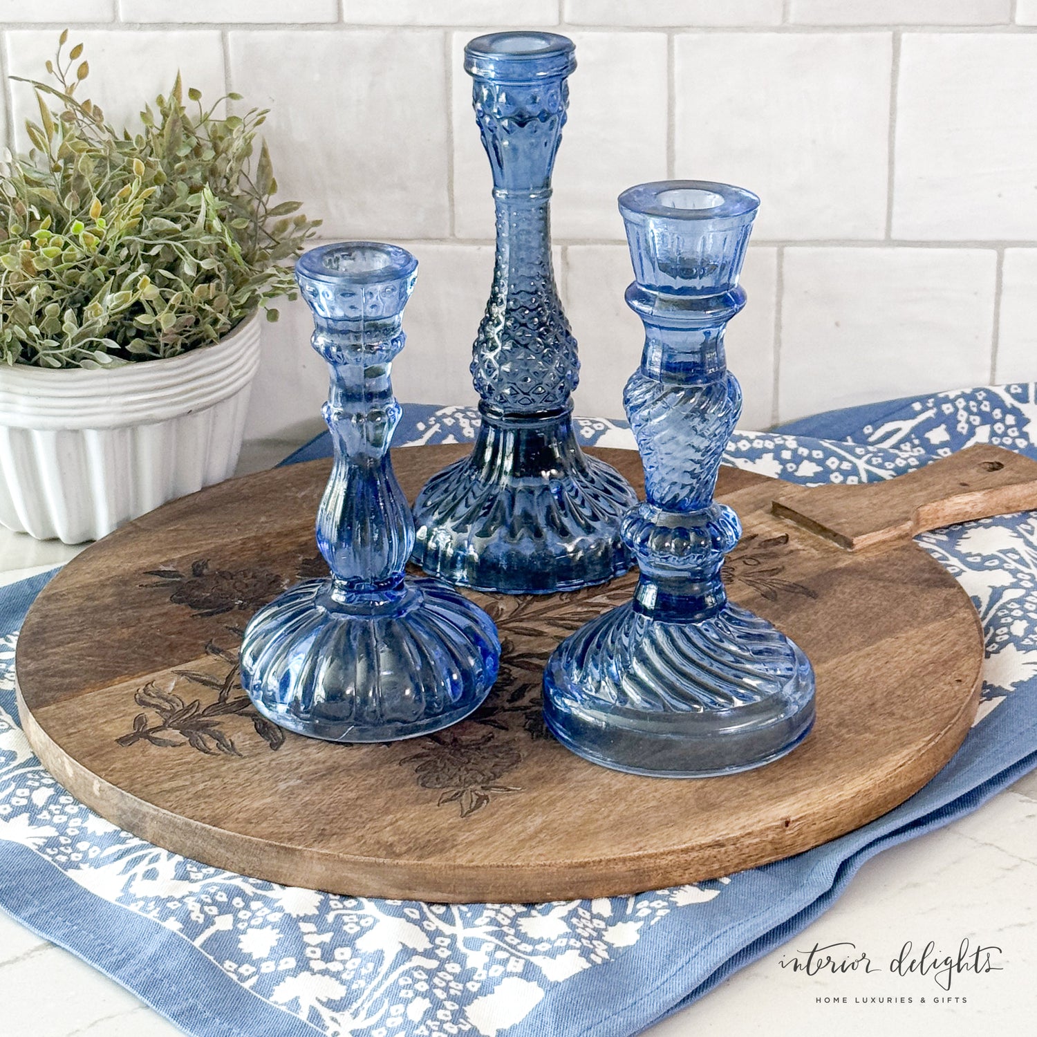 Vintage Blue Glass Candle Holders- Set of 3