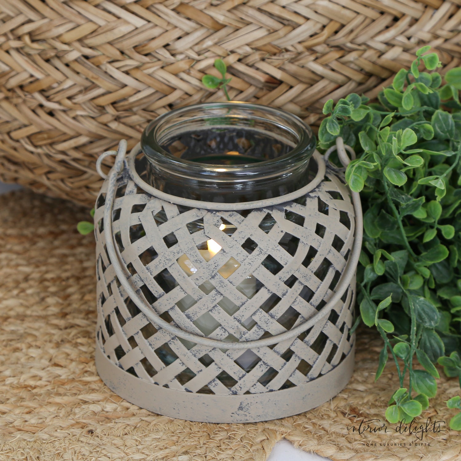 Glass Lantern with Beige Lattice- 2 Sizes