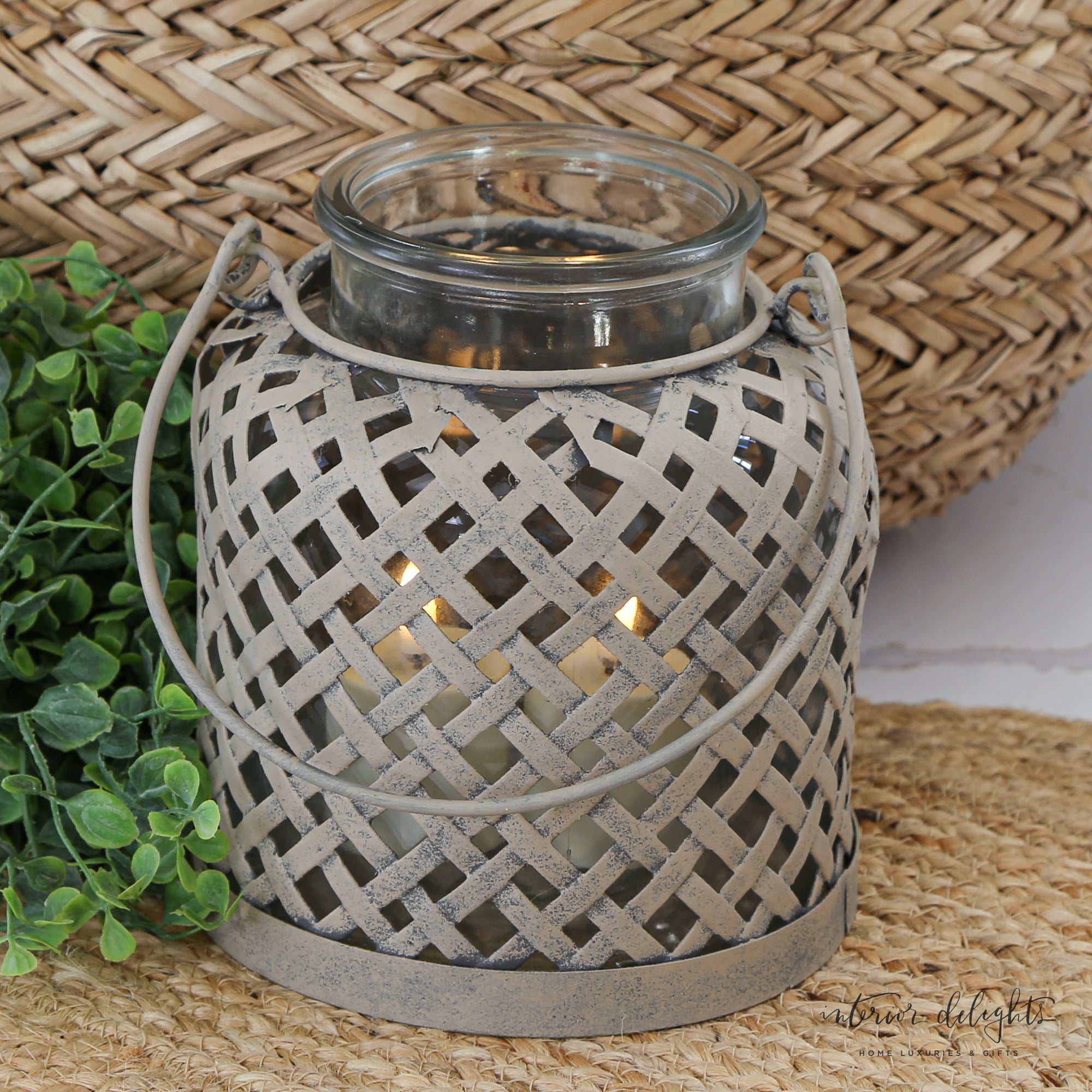 Glass Lantern with Beige Lattice- 2 Sizes