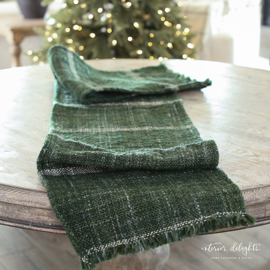 Striped Woven Green Runner with Fringe