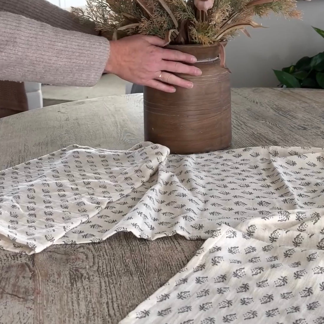 Cotton Table Runner w/ Printed Floral Pattern, Grey &amp; Cream