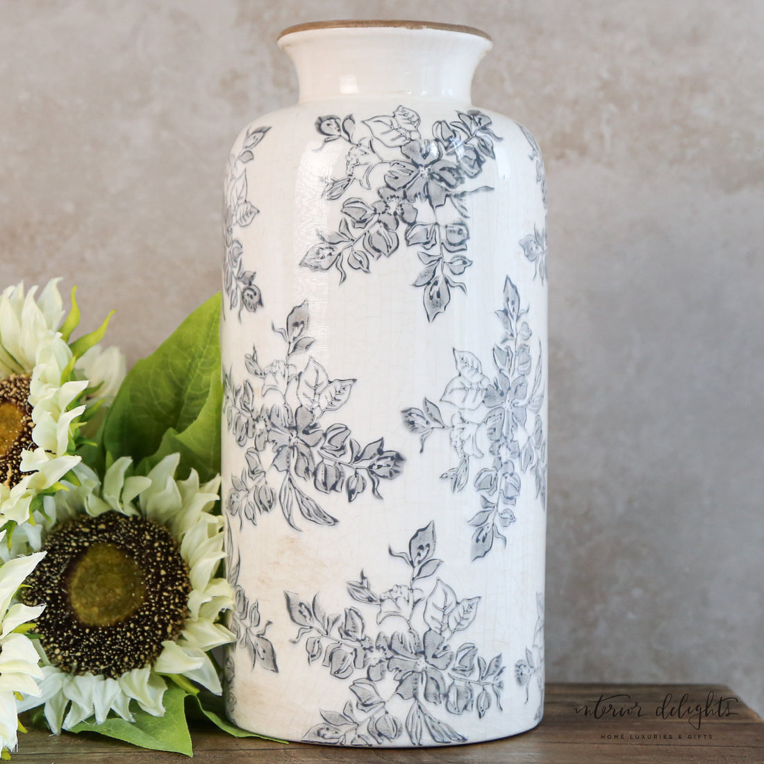 * 12.4&quot; Cream Ceramic Vase with Blue Floral Design