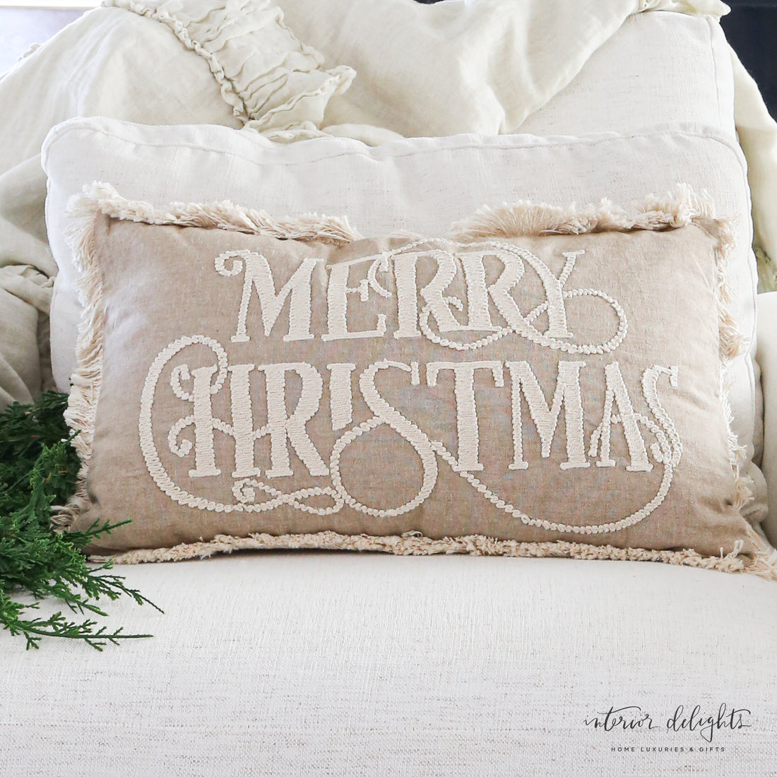 Beige Merry Christmas Pillow- 12x20