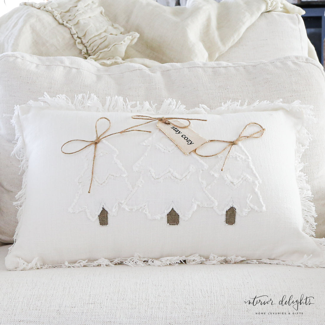 White Embroidered Trees Pillow