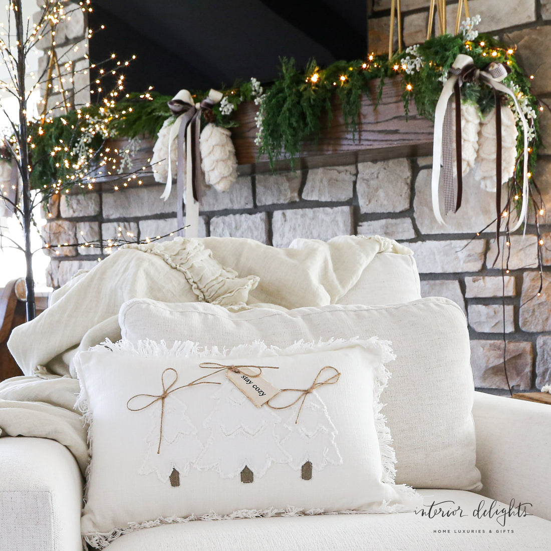 White Embroidered Trees Pillow