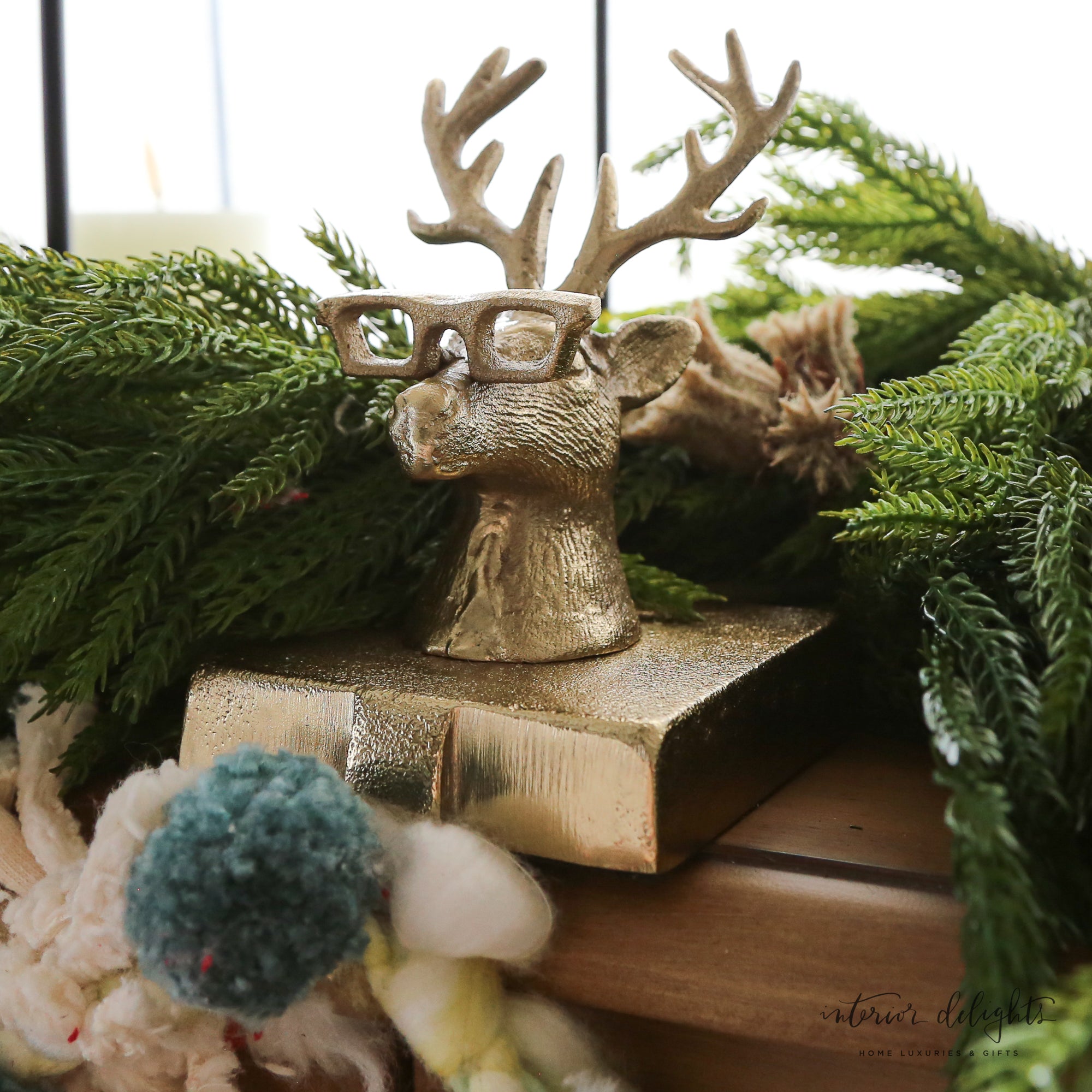 Gold Eyeglass Reindeer Stocking Holder