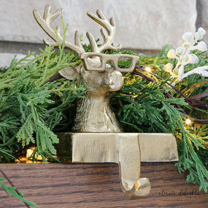 Gold Eyeglass Reindeer Stocking Holder