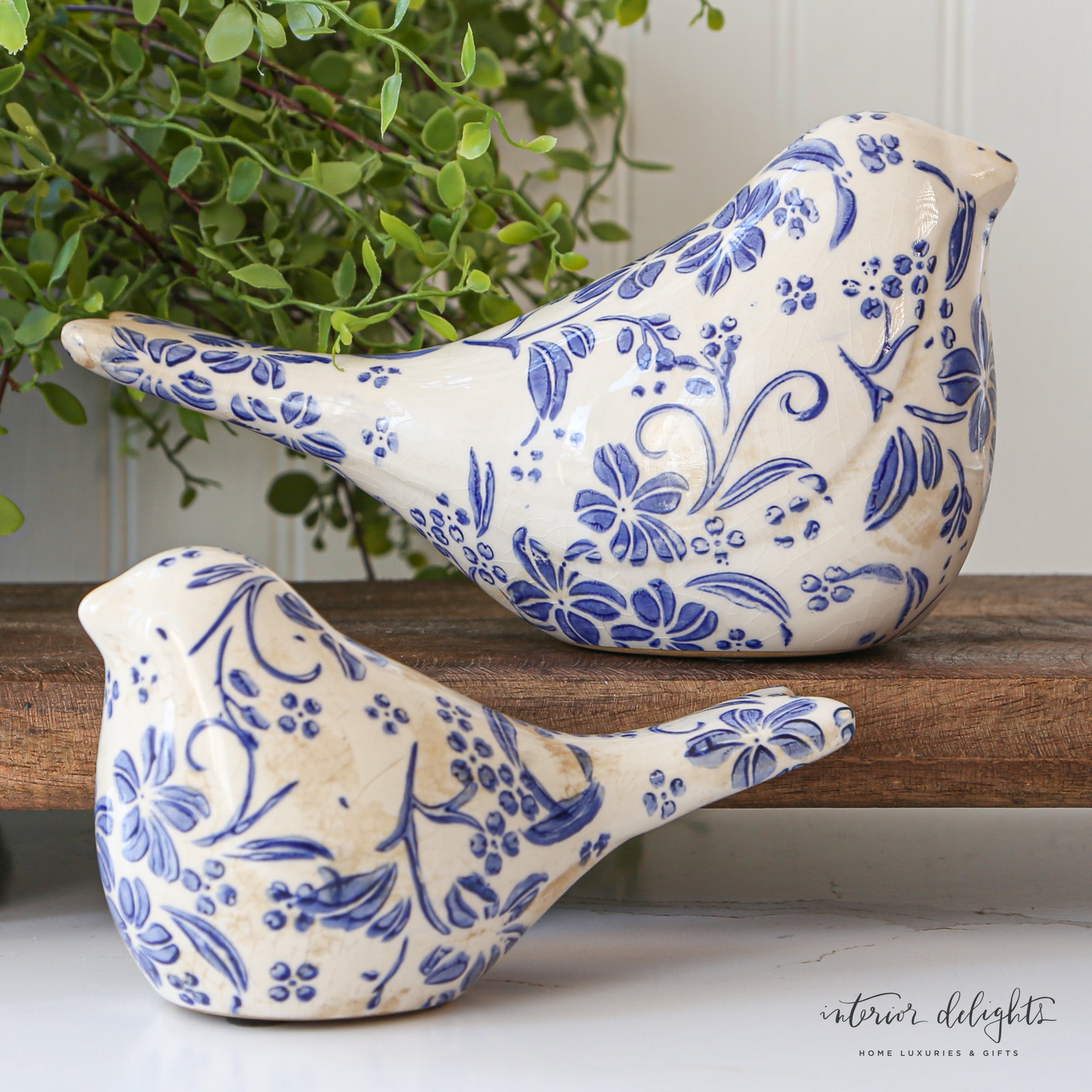 Ceramic Blue Floral Birds- Set of 2