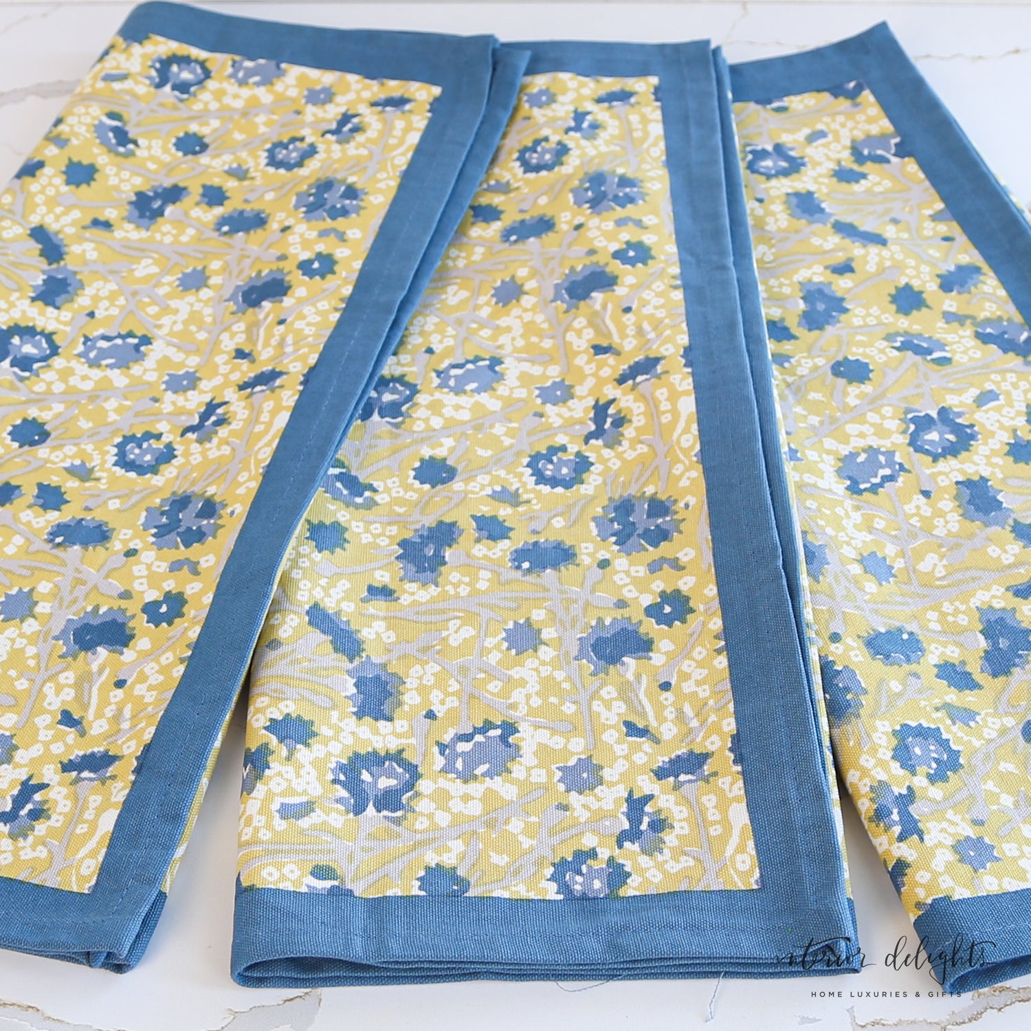 Meadows Blue and Gold Floral Tea Towels- Set of 3