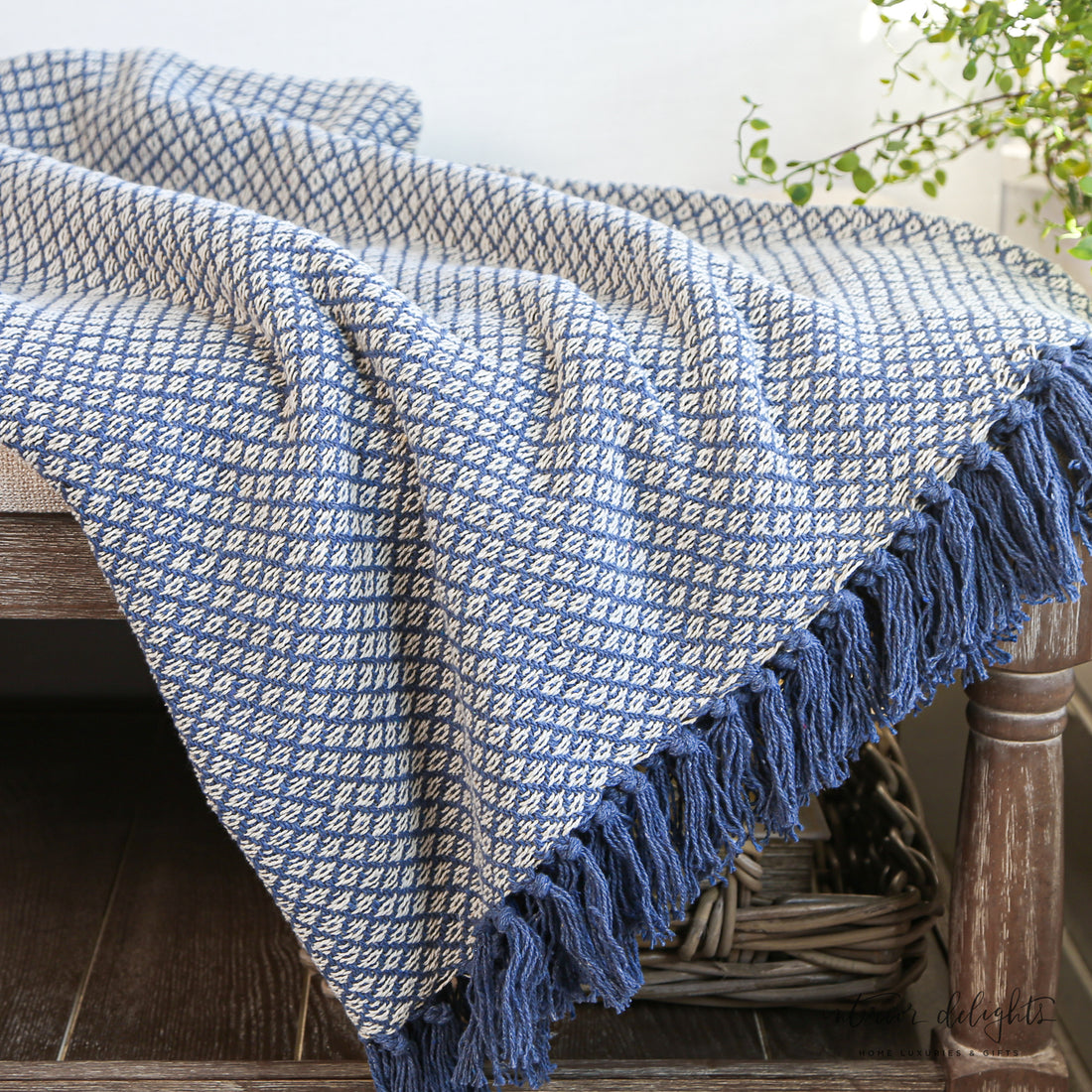 Blue Cotton Throw Blanket with Tassels