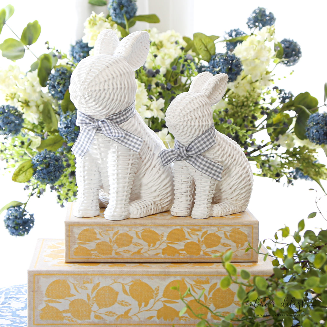 White Willow Bunnies with Gingham Ribbon- 2 Sizes