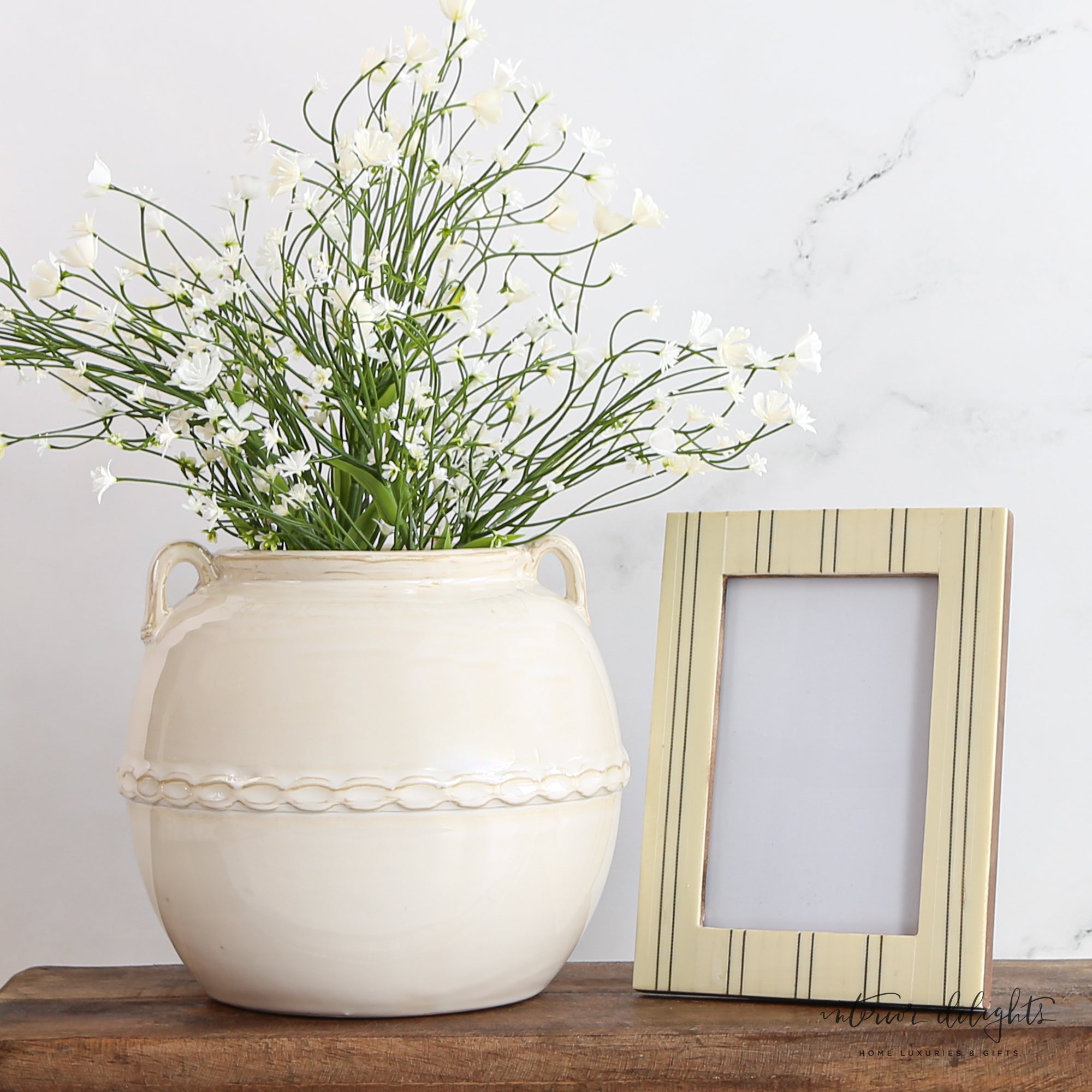 White Ceramic Scalloped Detail Vase with Two Handles