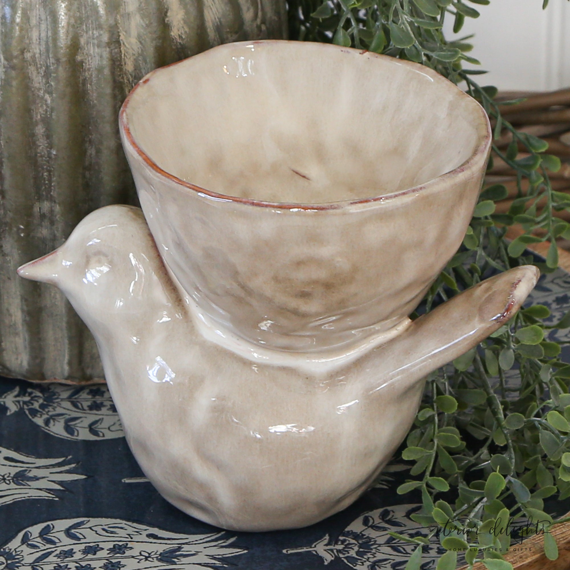 Stoneware Bird with Bowl- Cream