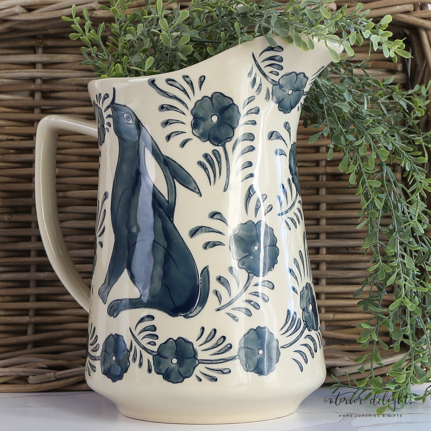 Stoneware Pitcher with Rabbit and Flowers