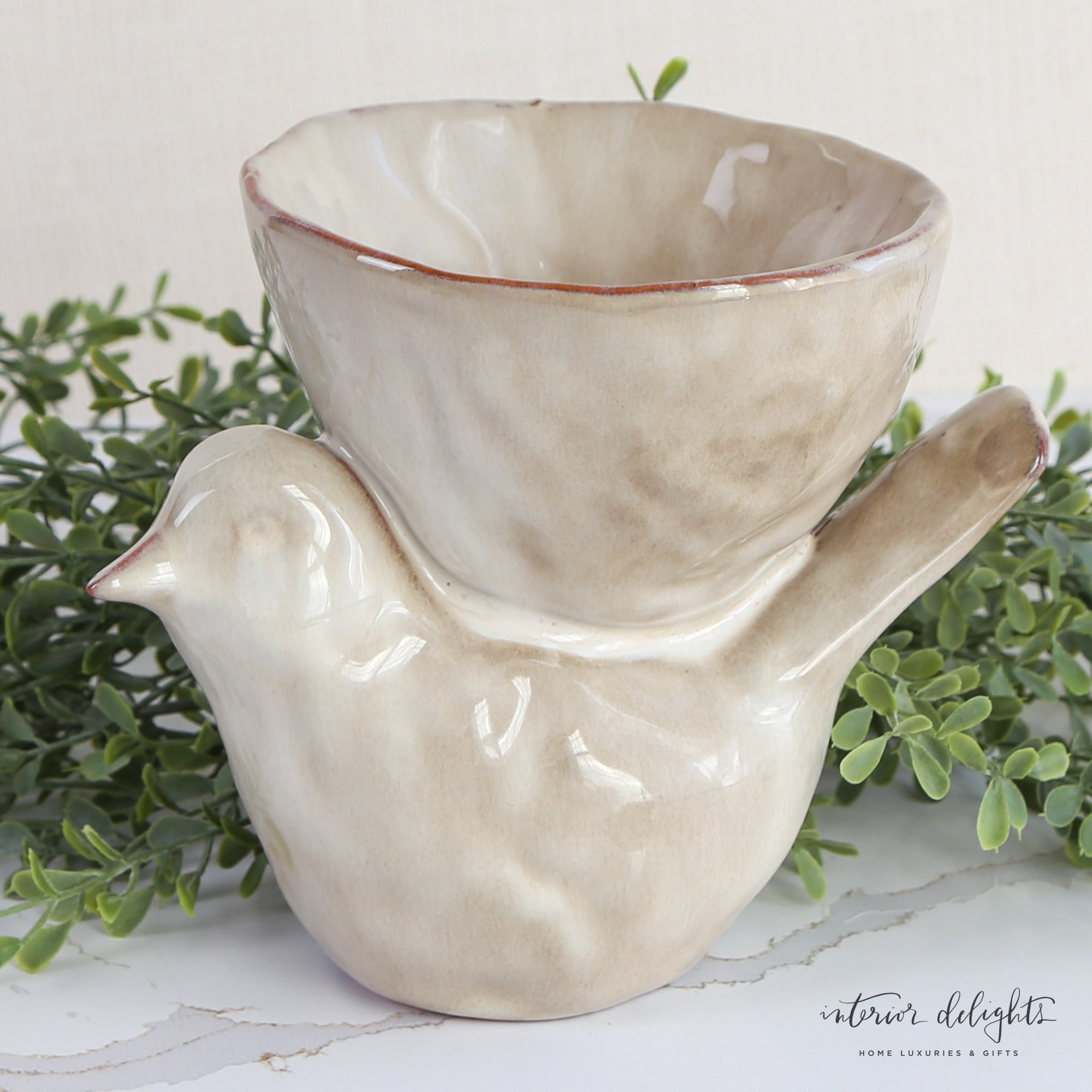 Stoneware Bird with Bowl- Cream