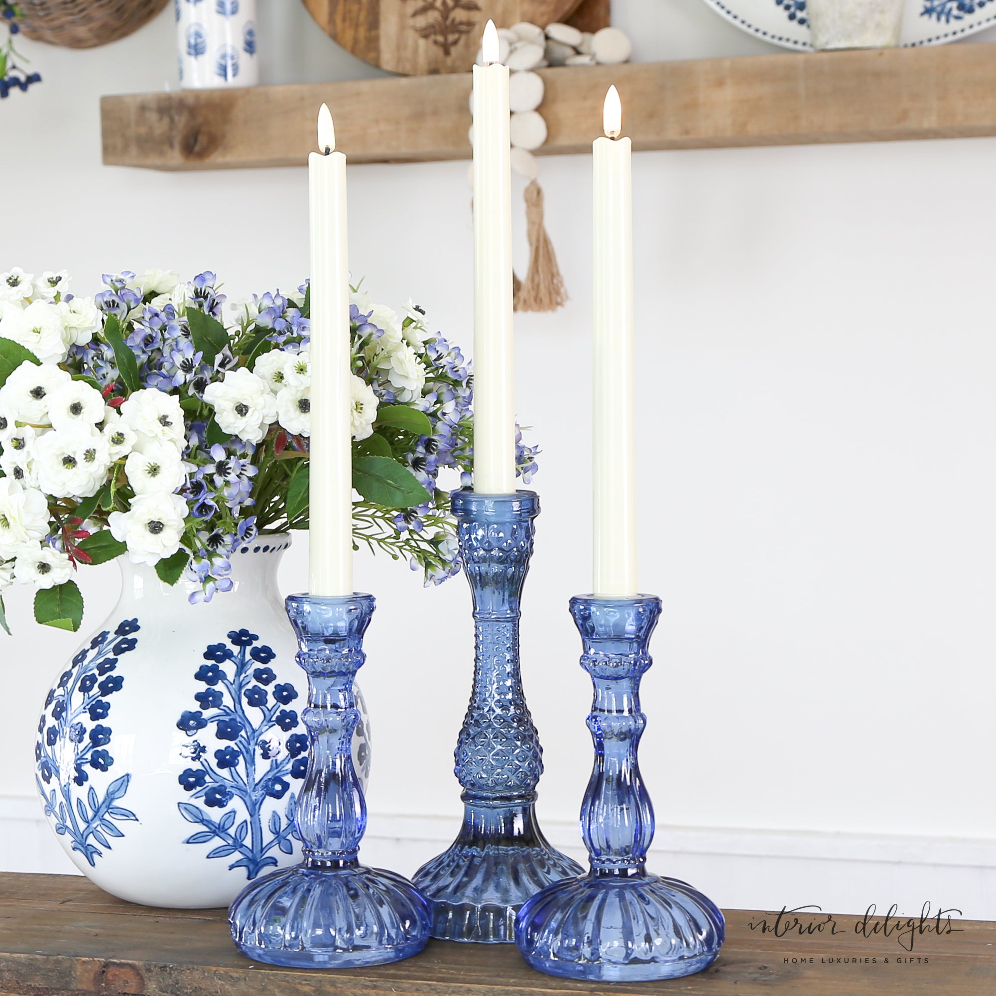 Vintage Blue Glass Candle Holders- Set of 3