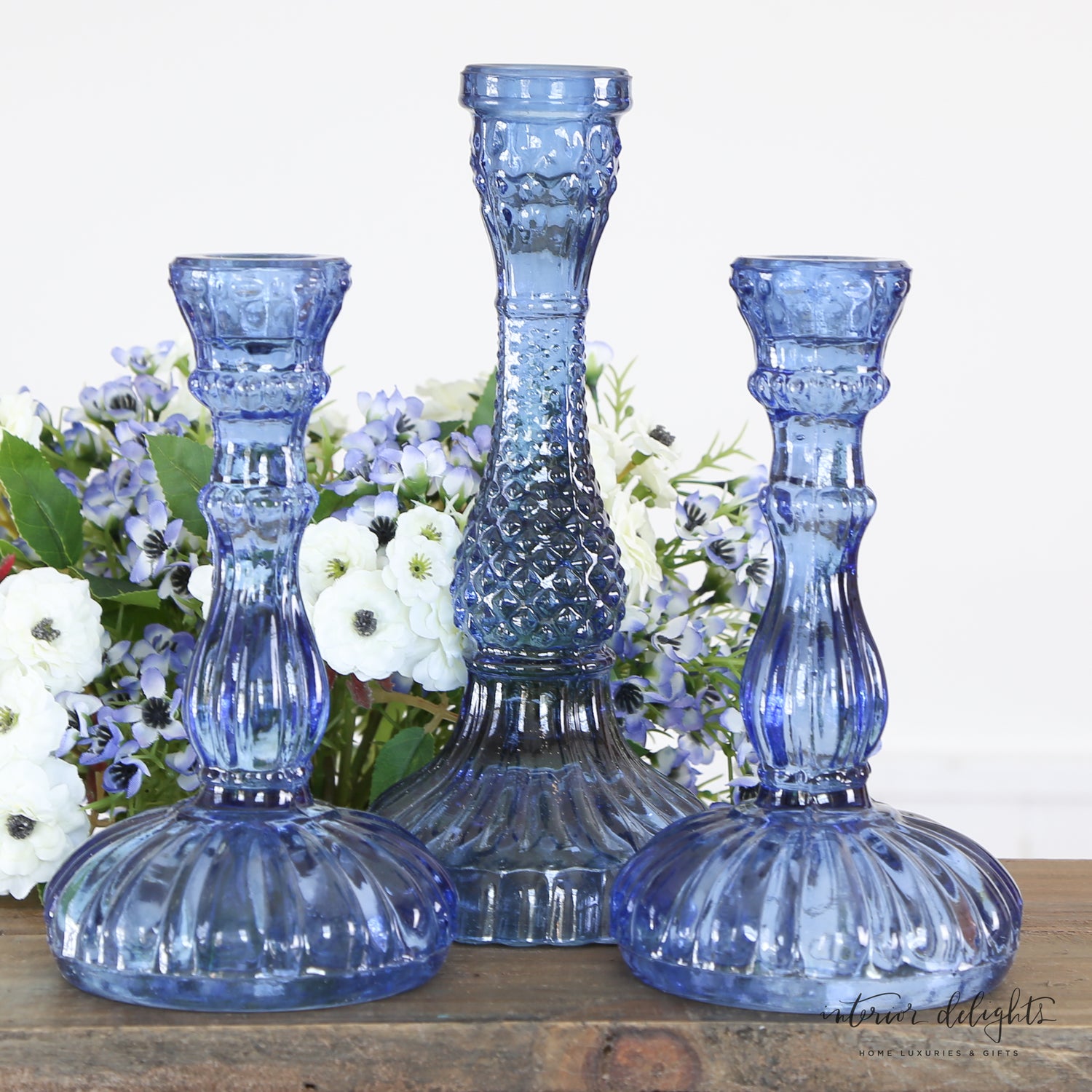 Vintage Blue Glass Candle Holders- Set of 3