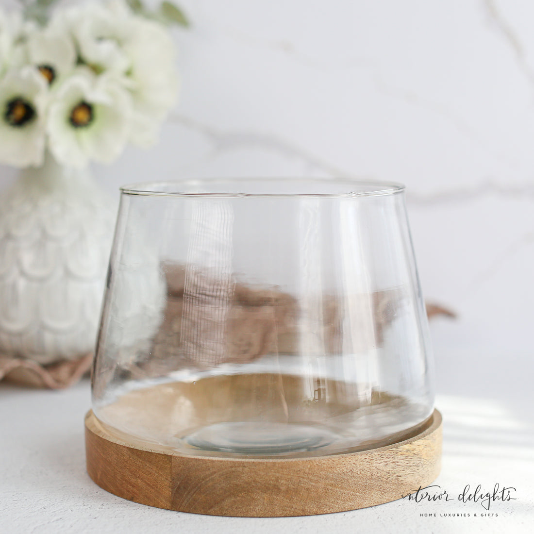 Glass Candle Holder with Wooden Base