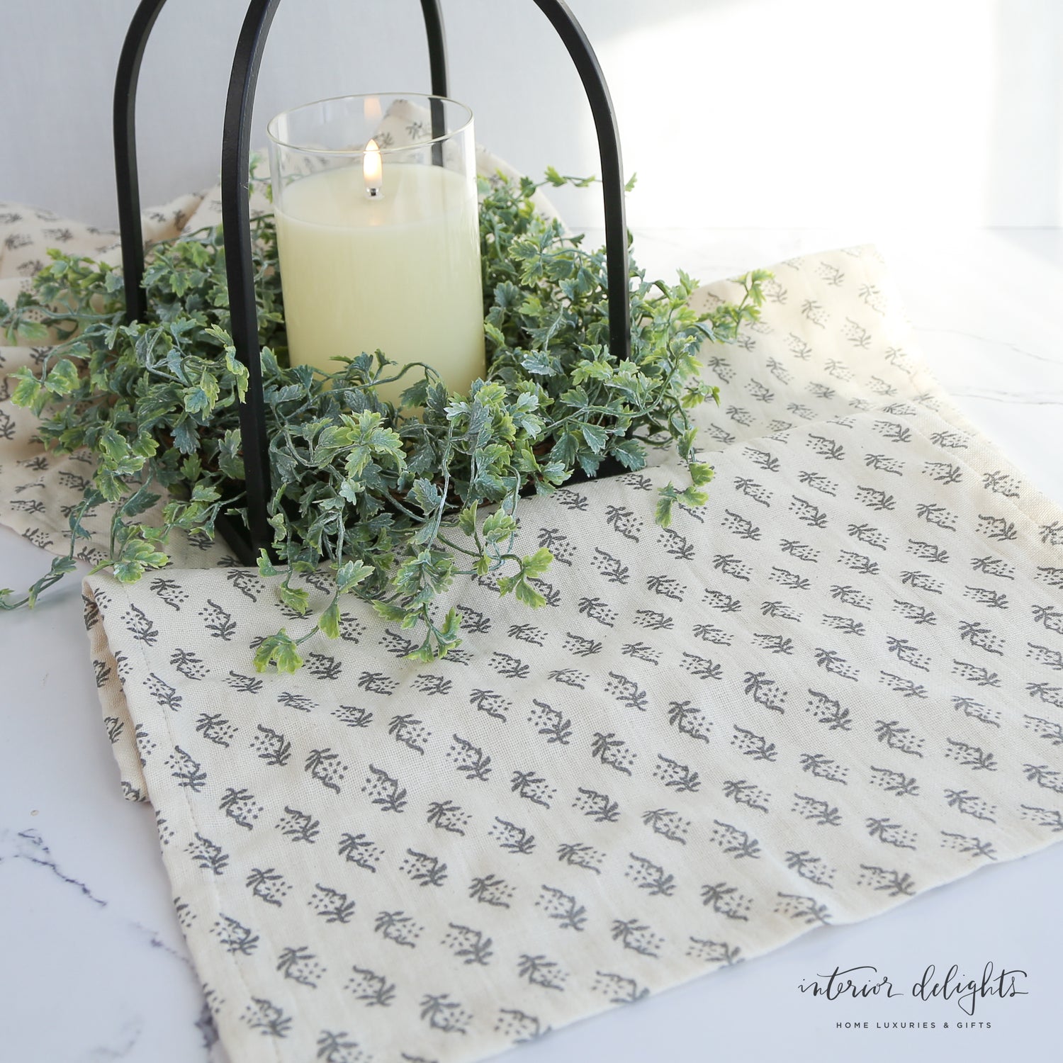 Cotton Table Runner w/ Printed Floral Pattern, Grey &amp; Cream