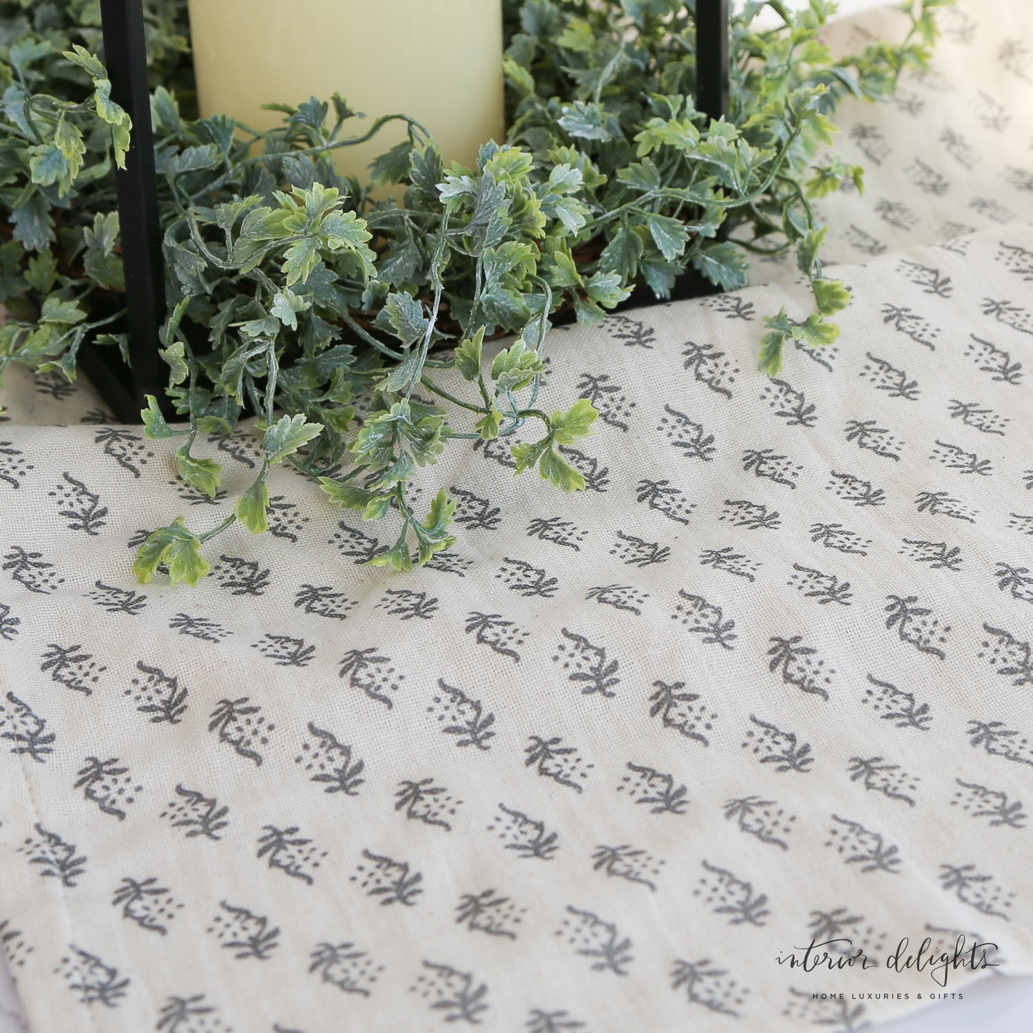 Cotton Table Runner w/ Printed Floral Pattern, Grey &amp; Cream