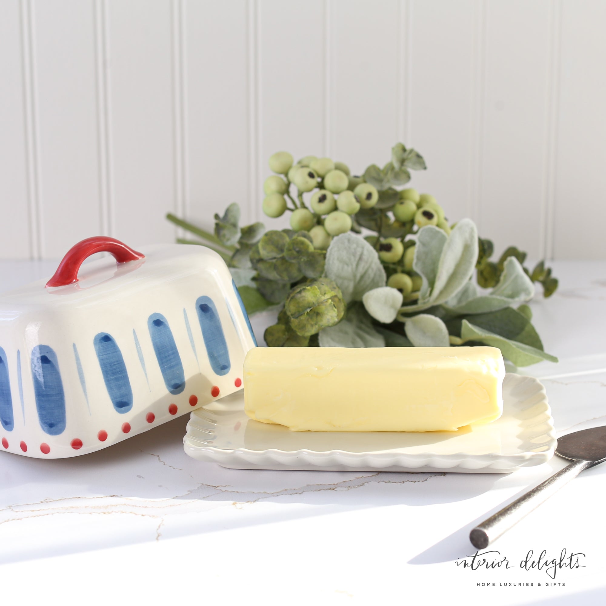 Hand-Painted Stoneware Butter Dish