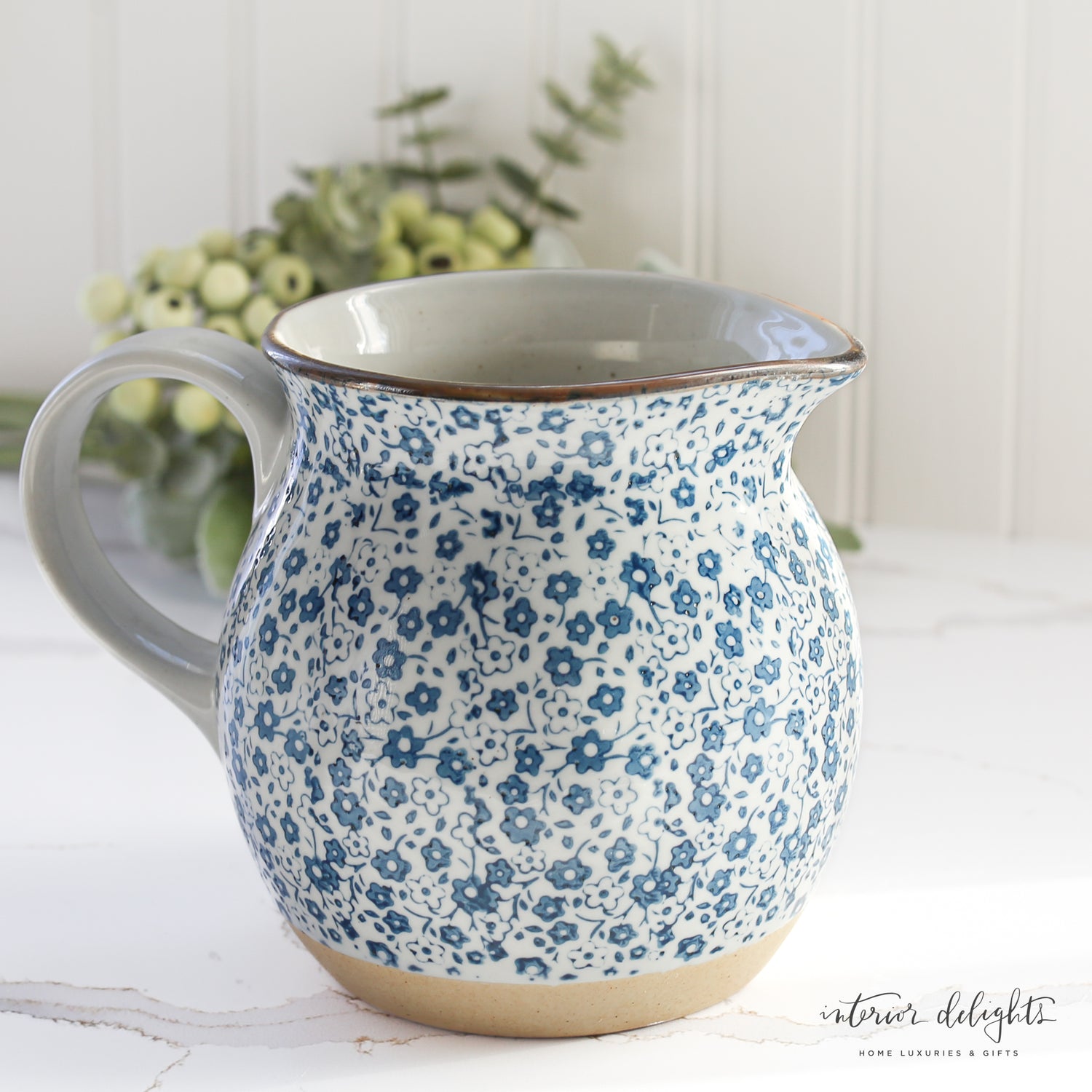 Blue Floral Print Stoneware Pitcher