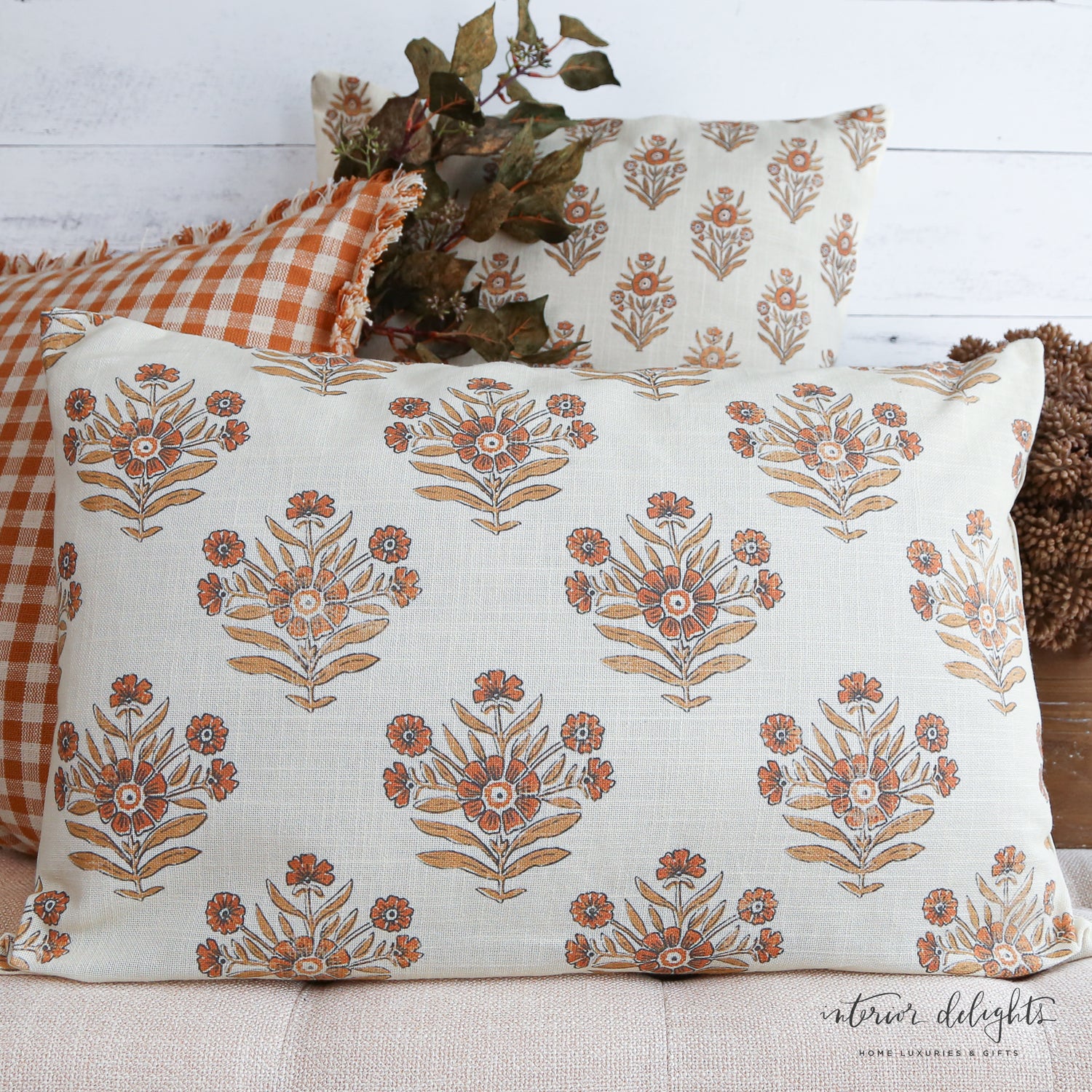 Floral Silhouette Lumbar Block Print Pillow