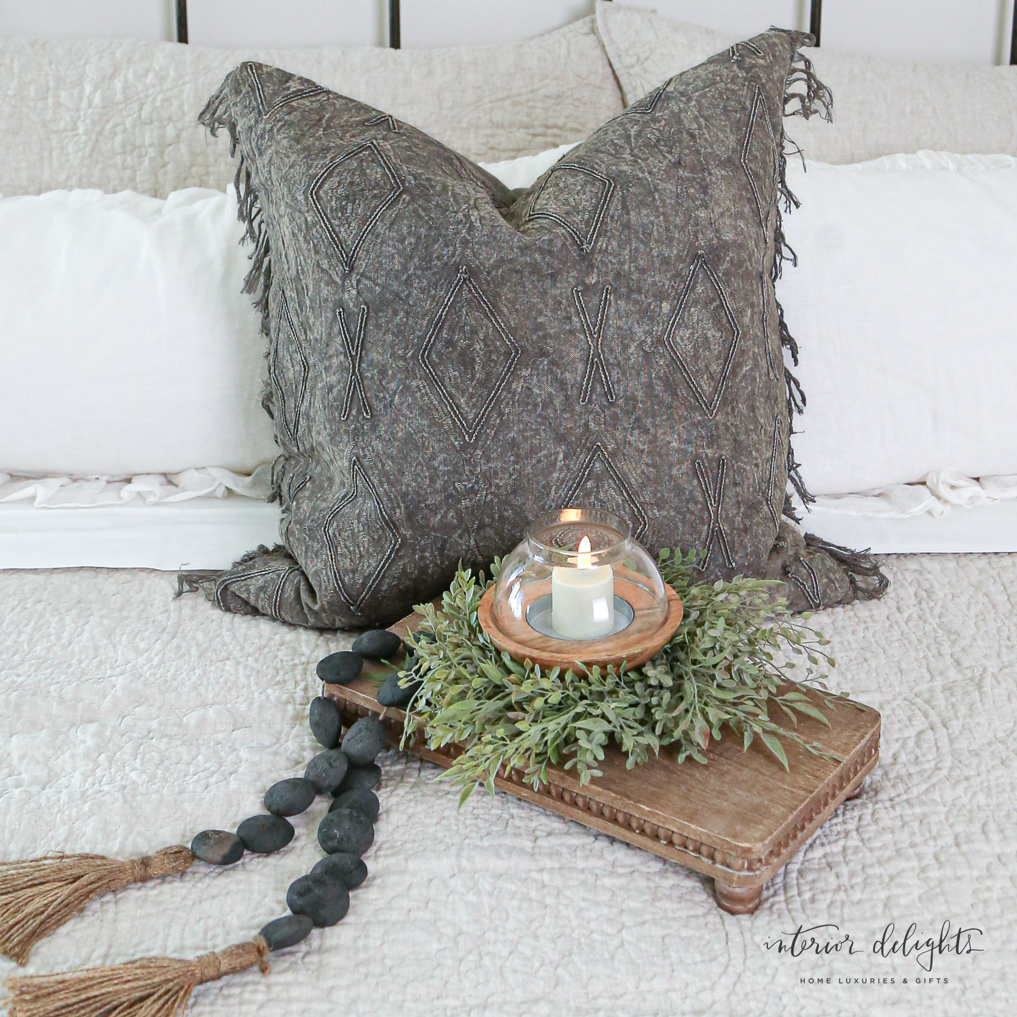 Grey fringe cushion best sale