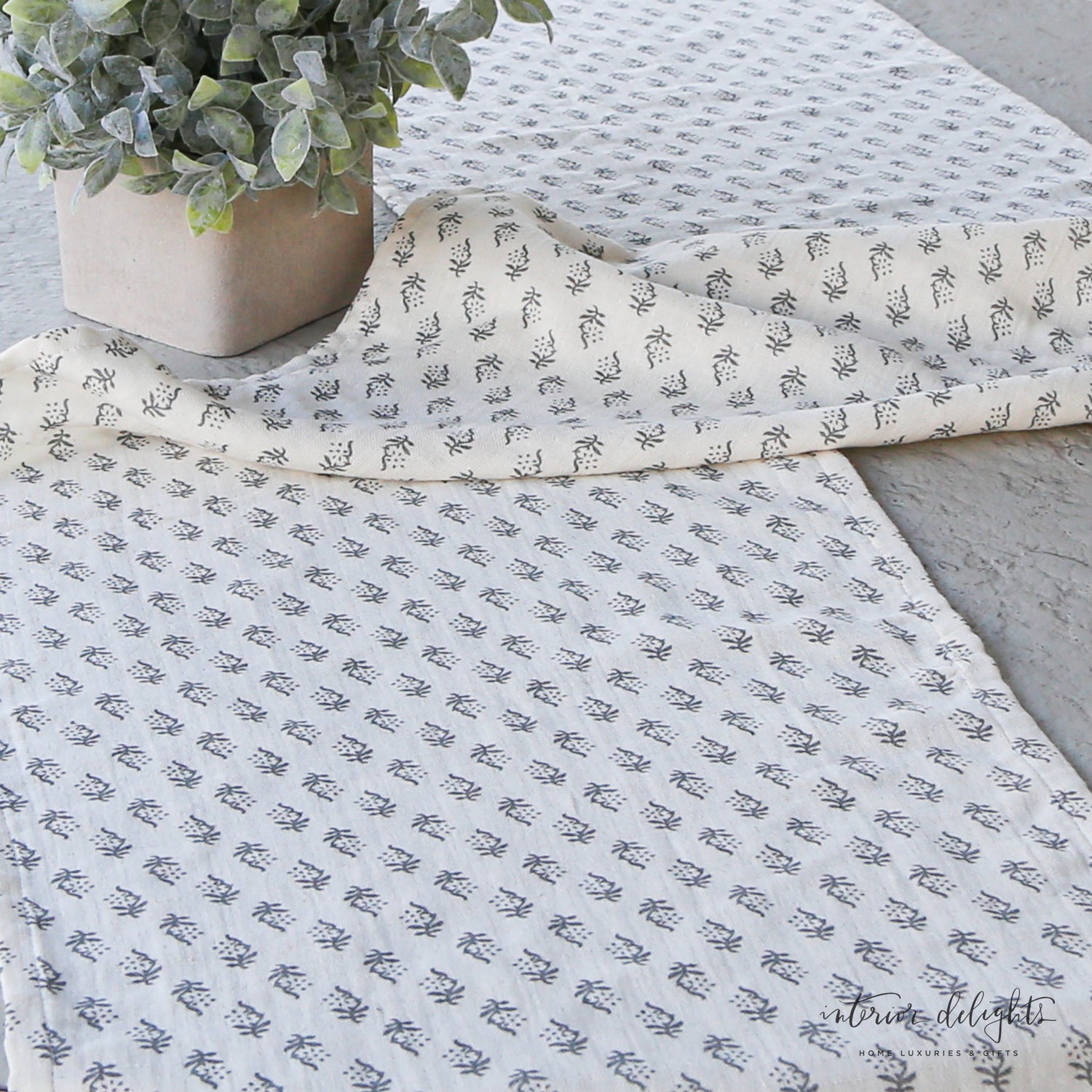 Cotton Table Runner w/ Printed Floral Pattern, Grey &amp; Cream