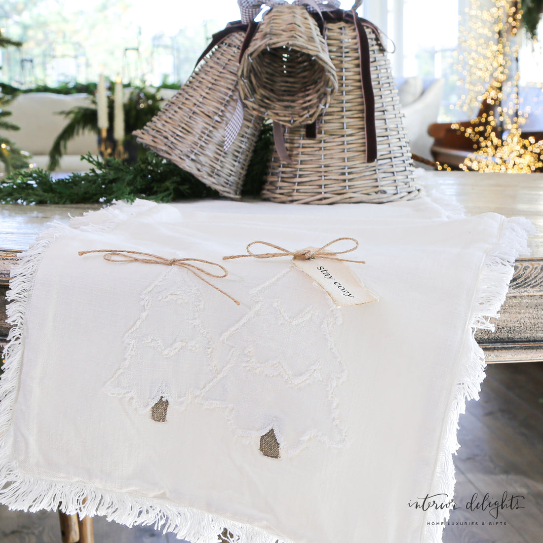 White Embroidered Trees Table Runner